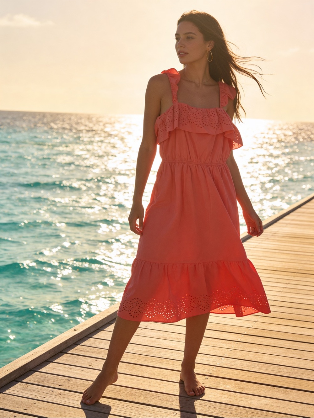 LC Lauren Conrad Coral Eyelet Ruffle Dress